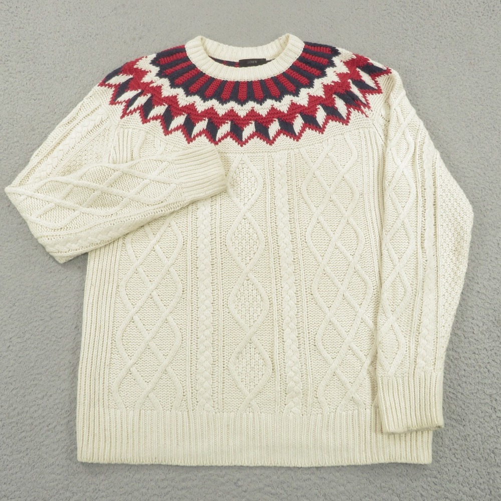 J Crew Mens Medium Cream Merino Cotton Cableknit Fisherman Sweater H4158 Ivory